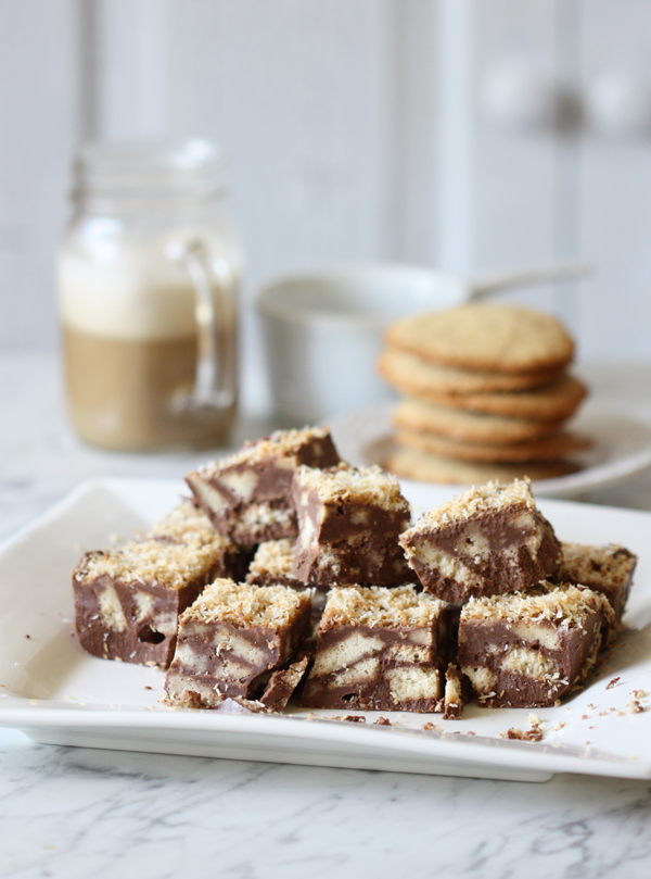 Chocolate slice with gluten-free arrowroot biscuits