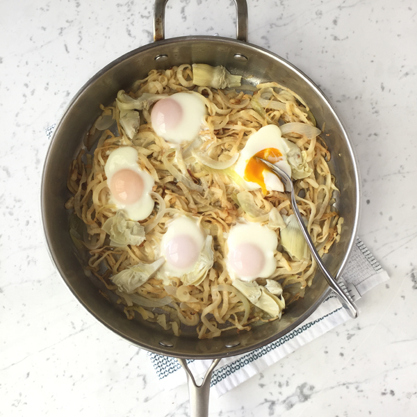 Celery Noodles with Artichoke Hearts & Baked Eggs